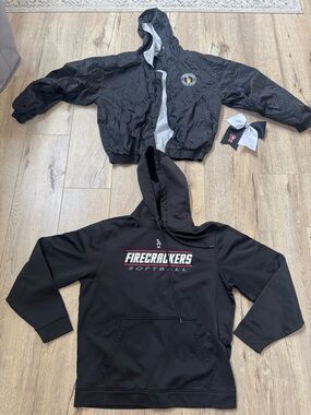 Firecrackers softball Black and Gray Hooded Windbreaker, sweatshirt and hair bow